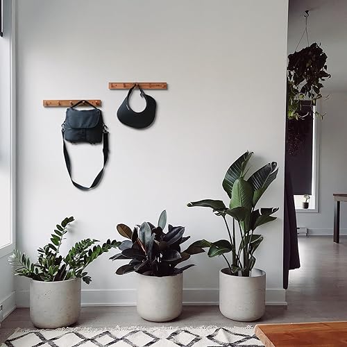 Miniatura 5 de Perchero de pared de teca natural (juego de 2, 16.6 pulgadas), ganchos de entrada de granja con 5 ganchos de madera cada uno, clavijas rústicas de