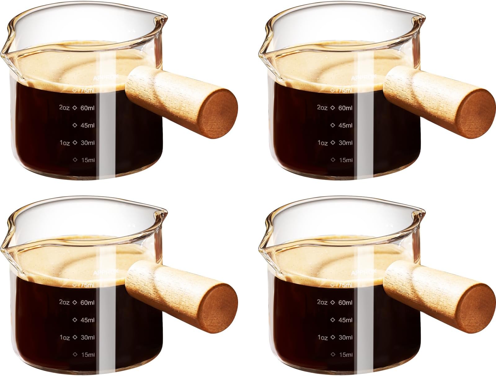 ParaCityEspresso Cups with Wood Handle, Double Spout Glass Measuring Cup with Dual Scale, Espresso Shot Glass with V-Shaped Mouth, Milk Frothing Pitcher 100ml (4)