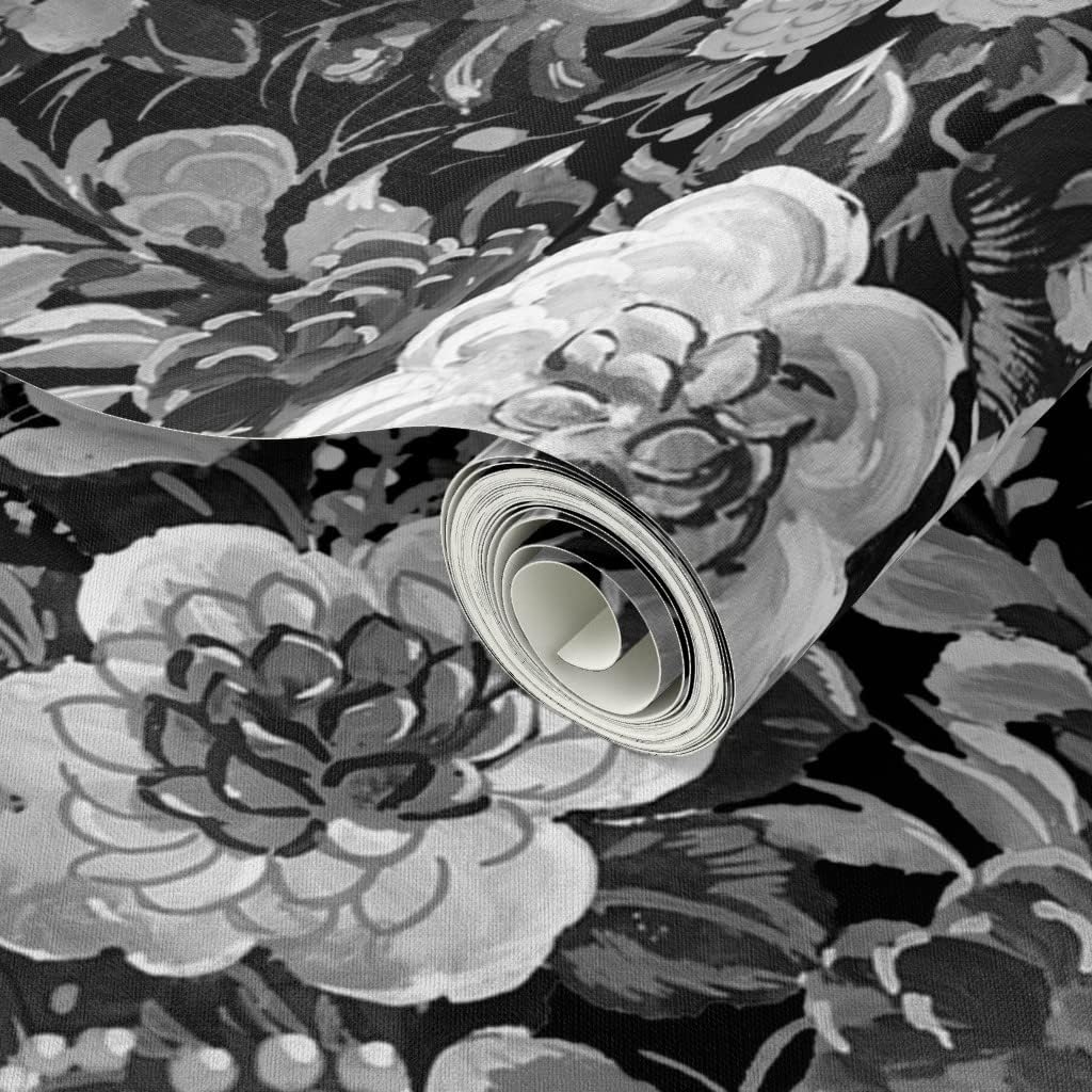 Peel & Stick Wallpaper 3ft x 2ft - Mid Century Modern Flowers Cocktail Midnight 1950S Floral Black Custom Removable Wallpaper by Spoonflower