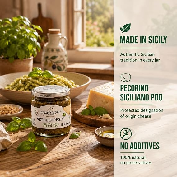 CAMPO D'ORO - Basil Pesto with Pecorino, Sicilian Creamy Pesto, 6.35 oz