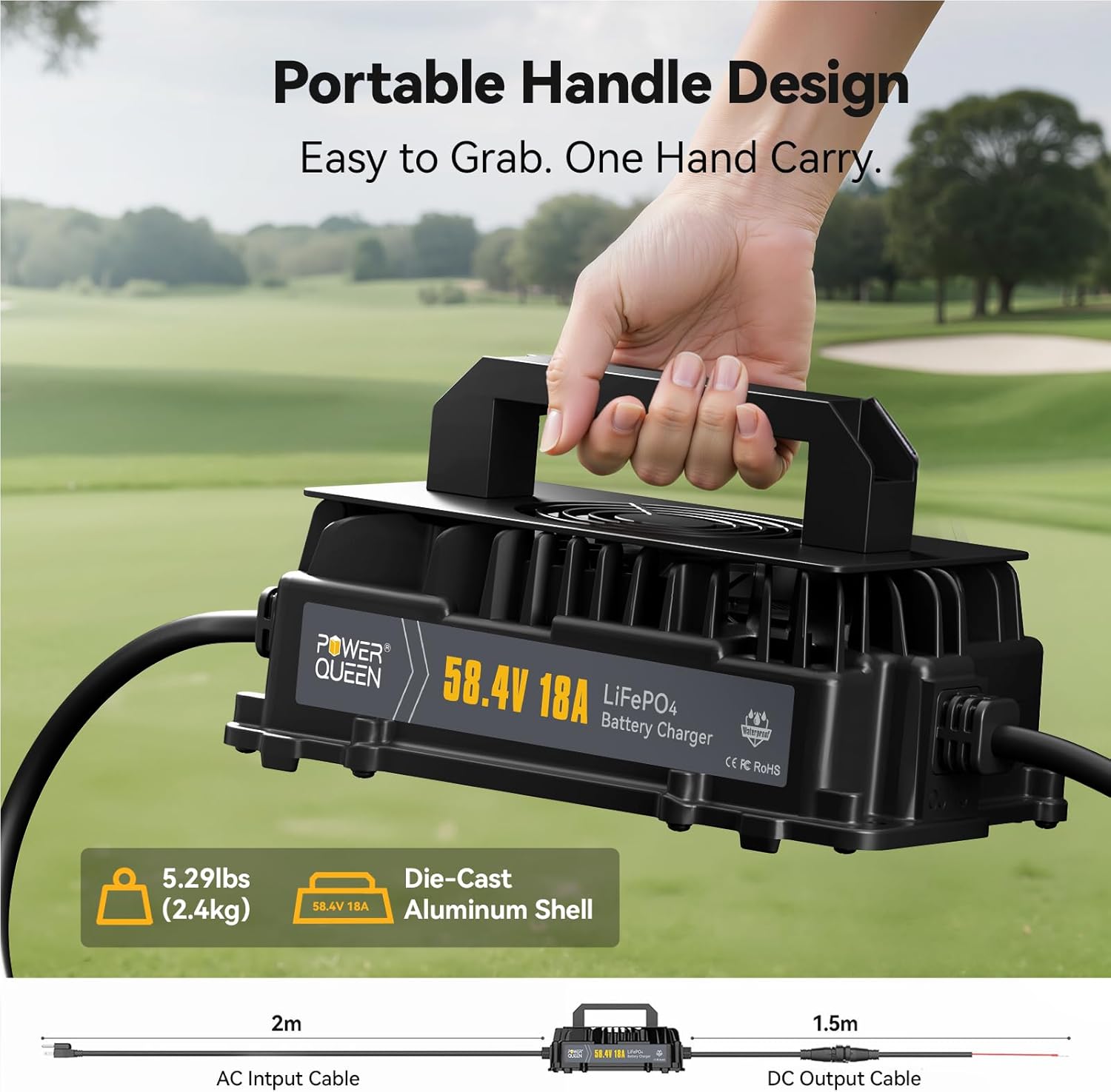 Power Queen 48V (58.4V) 18A LiFePO4 Battery Charger IP65 Waterproof Dustproof for 48V Lithium Battery, Smart Fast Charging Lithium Battery Charger for 48V Golf Cart, Boat and Home