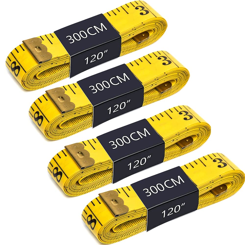 Tiardey 4pcs 300cm 120 inch Pocket Measuring Tape Double Scale Soft Tape Measure Flexible Ruler for Sewing Tailor Cloth Body Measurement - Yellow