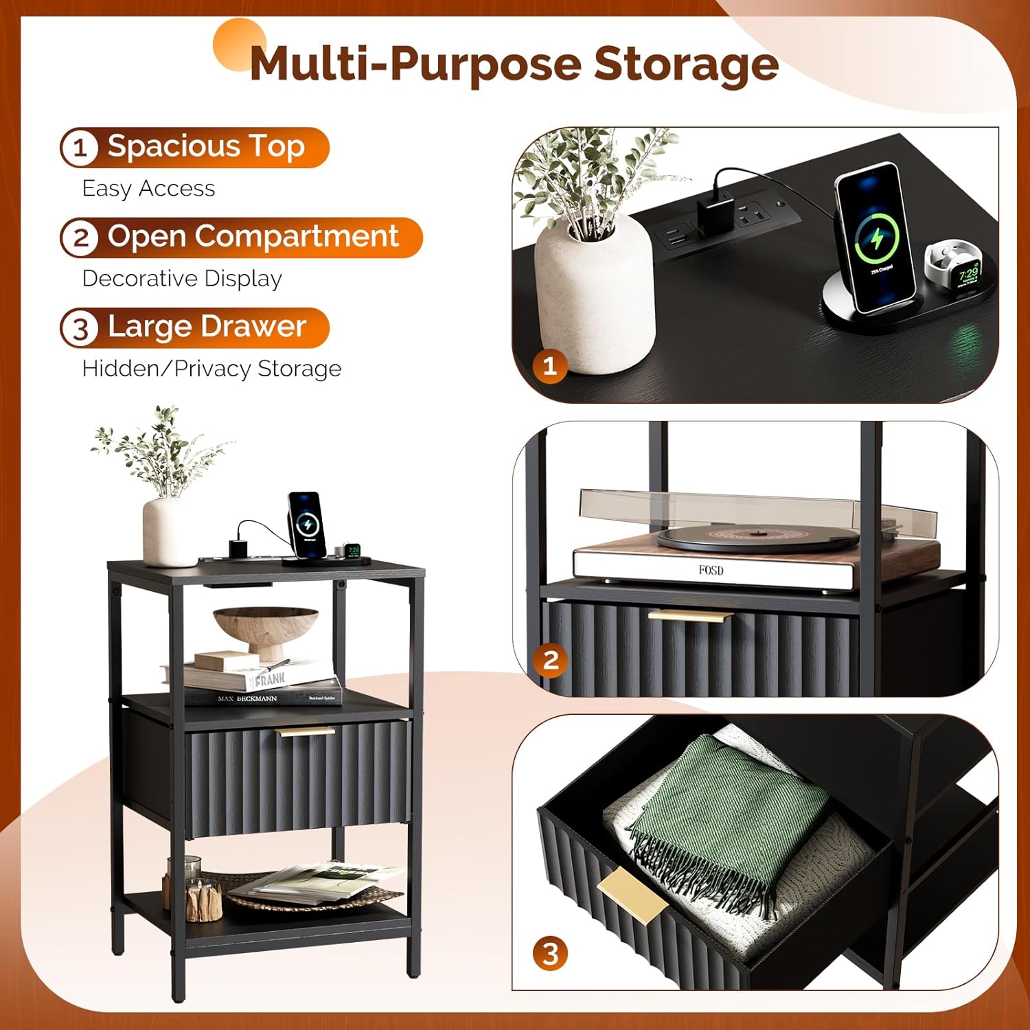 Bonnlo Fluted Nightstand with Charging Station, End Table with Fabric Drawer, Night Stand with Storage Shelf & Handle, Fluted Side Table for Bedroom/Living Room, Black