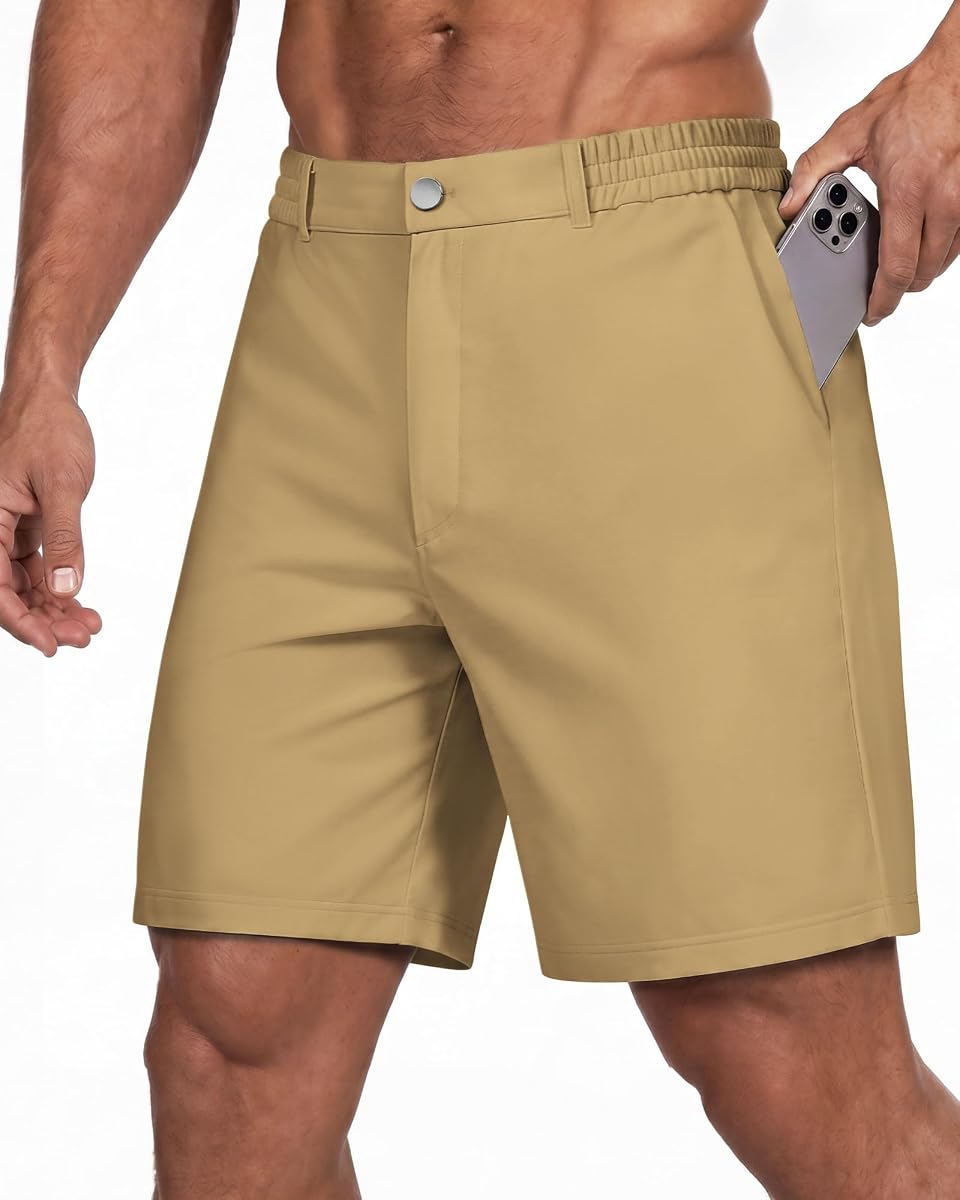 Wulcea Pantalones cortos de golf para hombre de 7 pulgadas, tejido elástico chino, cintura elástica, secado rápido, resistente al agua, vestido informal, trabajo con bolsillo para teléfono
