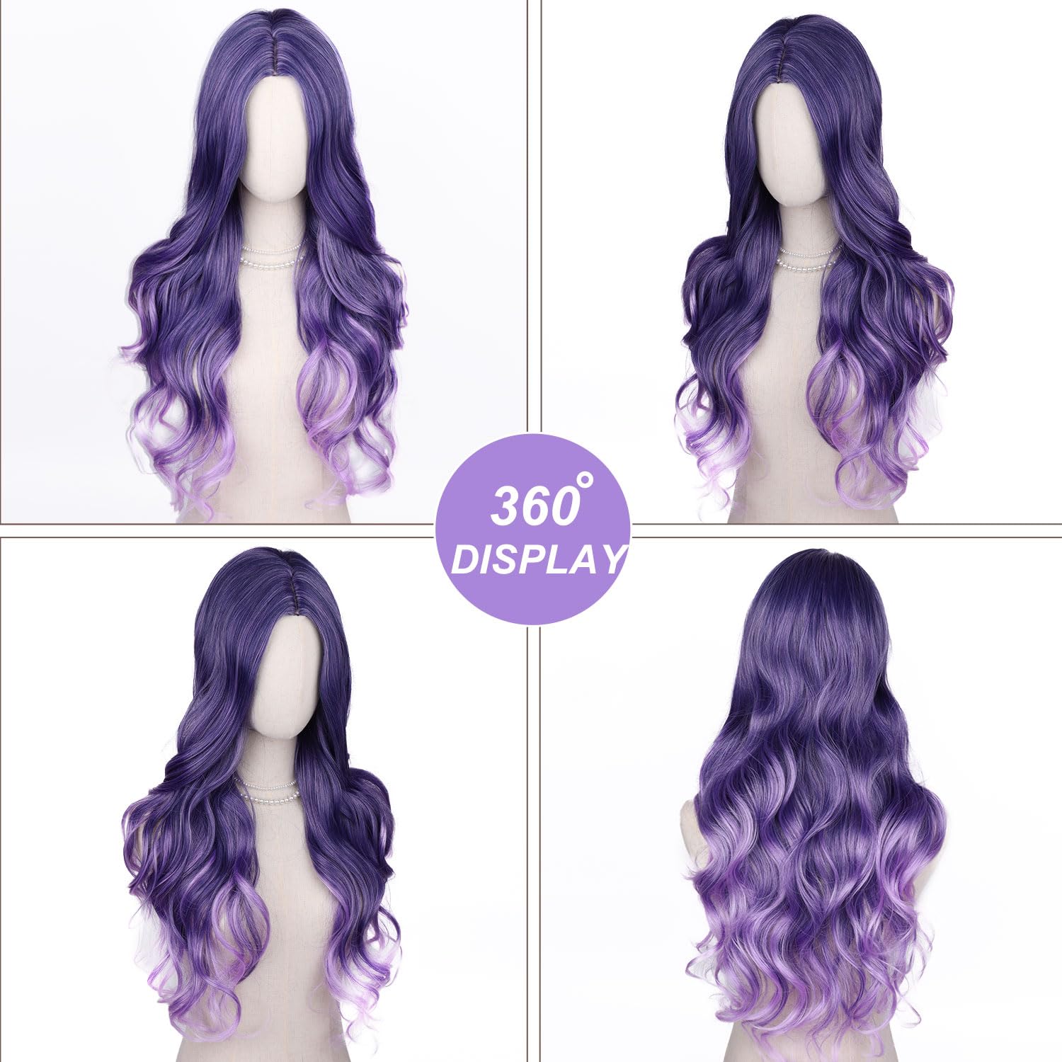Perruque Synthétique Violette Longue Avec Frange - Ondulée, Style Naturel - Taille Moyenne + 4 Bonnets Inclus