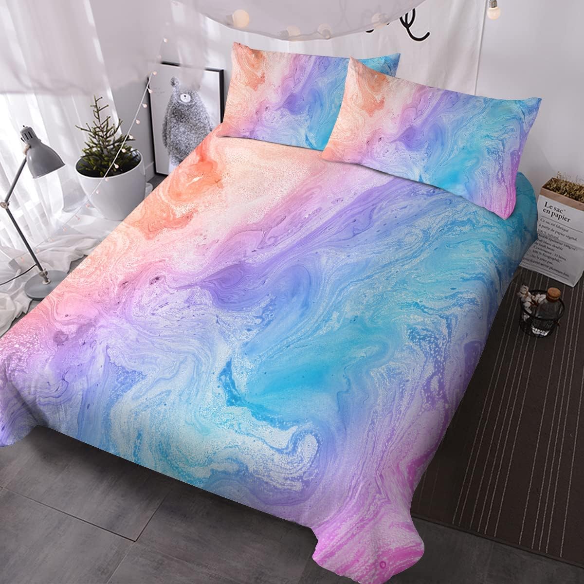 BlessLiving Full Bed Sets for Girls Pastel Duvet Cover Set 3-Piece Ombre Bedding Cute Marble Pattern for Kids Teens, Pastel Pink Blue and Purple, 1 Duvet Cover & 2 Pillowcase (Full)