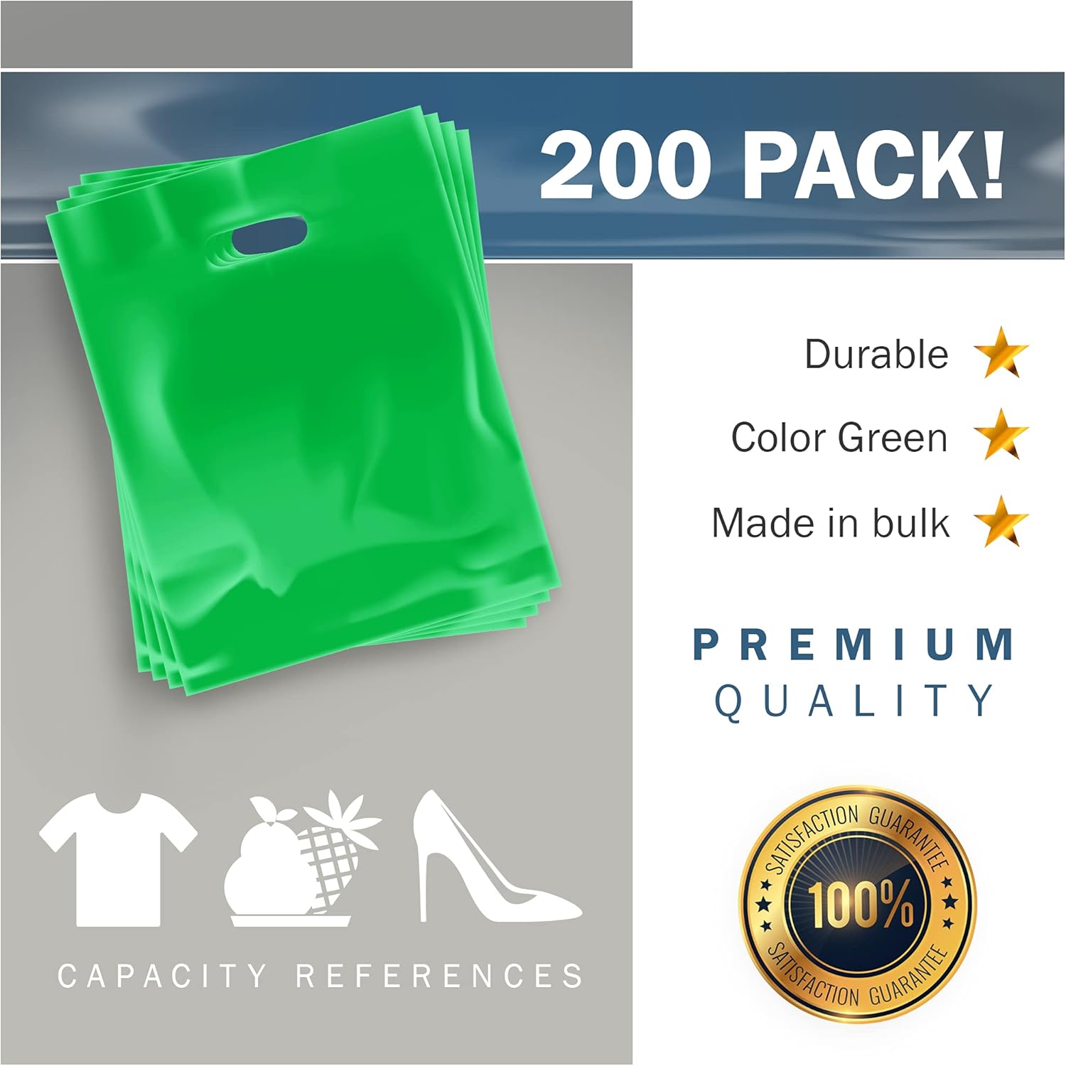 12x15 Green Plastic Merchandise Bags, Glossy Finish, Medium Retail Size, 200 Pack, 1.5 Mil Thick, with Die-Cut Handles by PPB