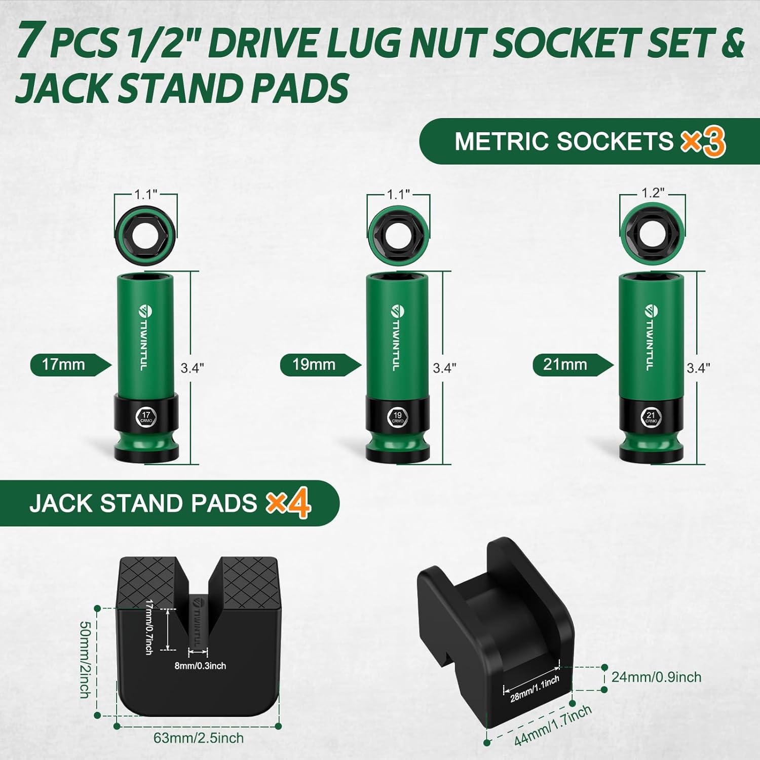 7Pcs Wheel Protector Impact Socket Set with Jack Stand Pads, 1/2" Impact Lug Nut Socket Set, Metric 17 19 21 mm, CR-MO Steel, 6-Point Thin Wall Socket Set, Universal Rubber Jack Pad Adapter