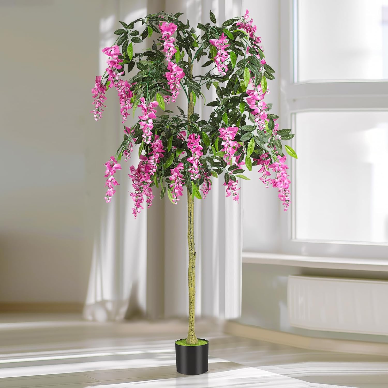 SHINOSKE Artificial Tree,6FT Fake Wisteria Tree with Flowers and Wood Trunk,Blooming Fake Floor Plant in Pot for Indoor Outdoor Living Room Office Wedding Home Decor