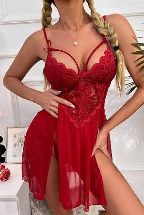 Stylish Lace Nightgown with Merry See Side Leg Low-cut