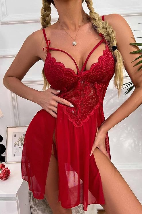 Stylish Lace Nightgown with Merry See Side Leg Low-cut