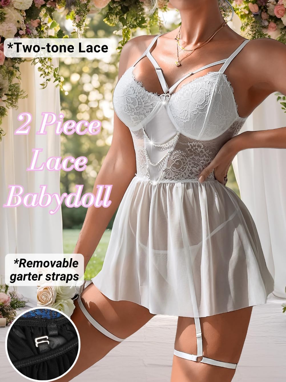 EHSUYAB Women Sexy Lingerie, Heart Rhinestone Chain Lace Floral Embroidered Nightgown, Sheer Mesh Babydoll Dress Valentines