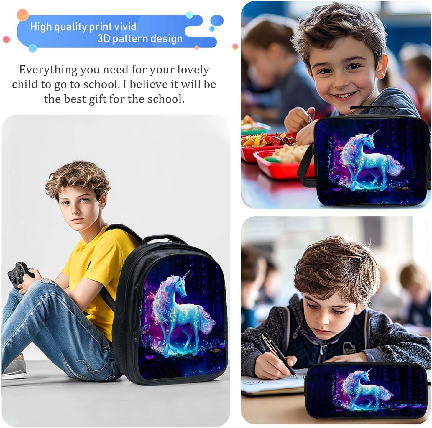 Unicorn Backpack 3PCS 16" Preschool Elementary Schoolbag with Lunch Box Pencil Case Bookbag Set for Girls Kids Children Teens School Students - Image 4