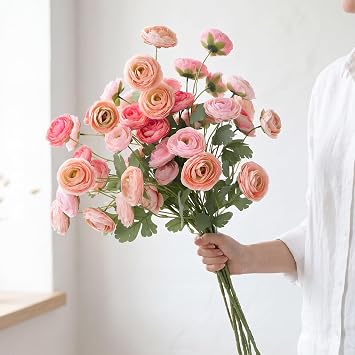 6 Stems Artificial Ranunculus Flowers 33.5 Inch, 36 Heads Long Stem Silk Faux Flowers with Leaves for Wedding Bouquets, Table Centerpieces, DIY Floral ArrangementsMixed Pink