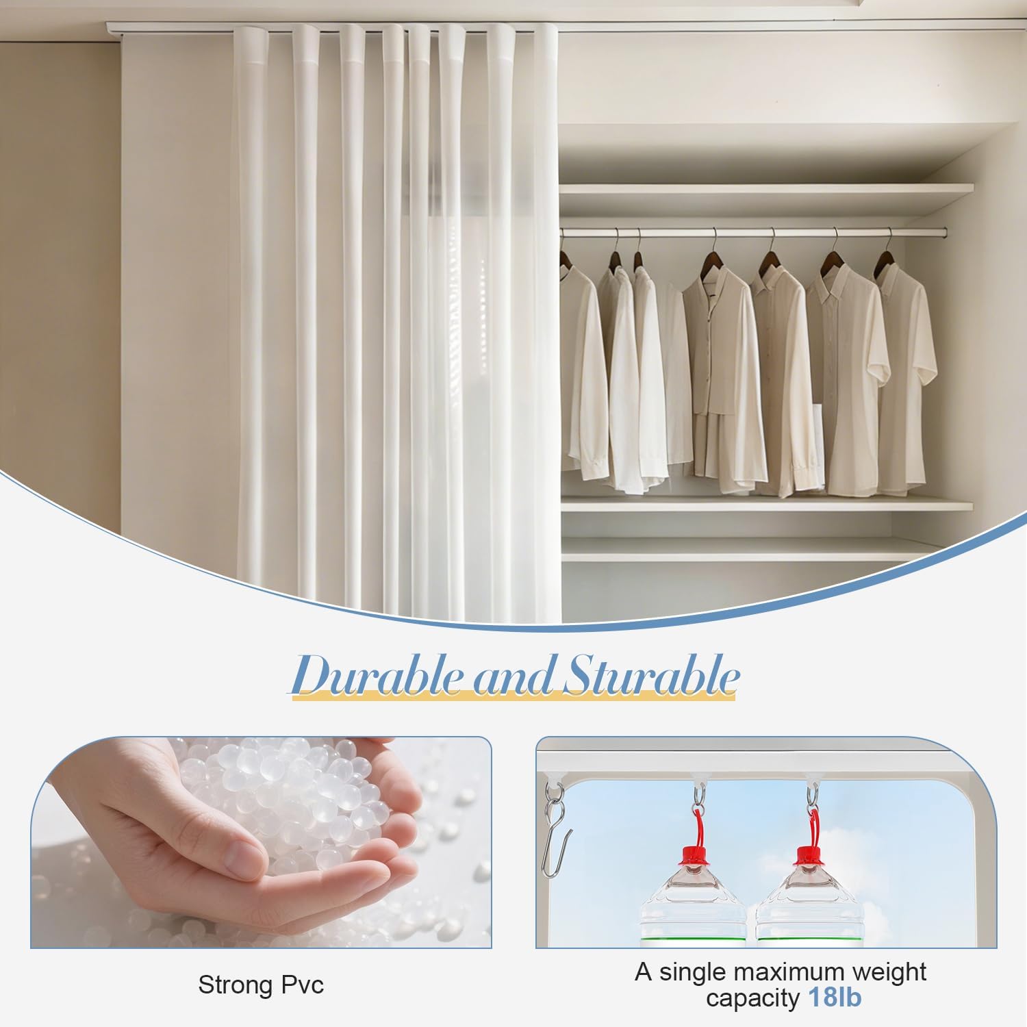 13.5Ft Self Adhesive Curtain Track, Curtain Track Ceiling or Wall Mount No Drill, Smooth Cuttable & Unbendable Ceiling Track for RV Bathroom Shower Closet Room Divider