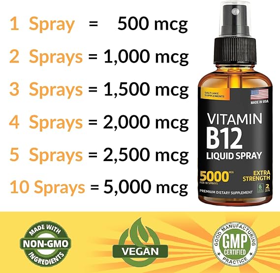 Vitamin B12 Sublingual Spray 5000 mcg Vegan Methylcobalamin Liquid B12 Boost Energy, Mood & Brain Health - Gluten-Free, Non-GMO B12 Spray for Men & Women - Easy Dosage (5000 mcg in 10 Sprays)