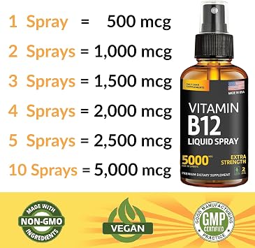 Vitamin B12 Sublingual Spray 5000 mcg Vegan Methylcobalamin Liquid B12 Boost Energy, Mood & Brain Health - Gluten-Free, Non-GMO B12 Spray for Men & Women - Easy Dosage (5000 mcg in 10 Sprays)