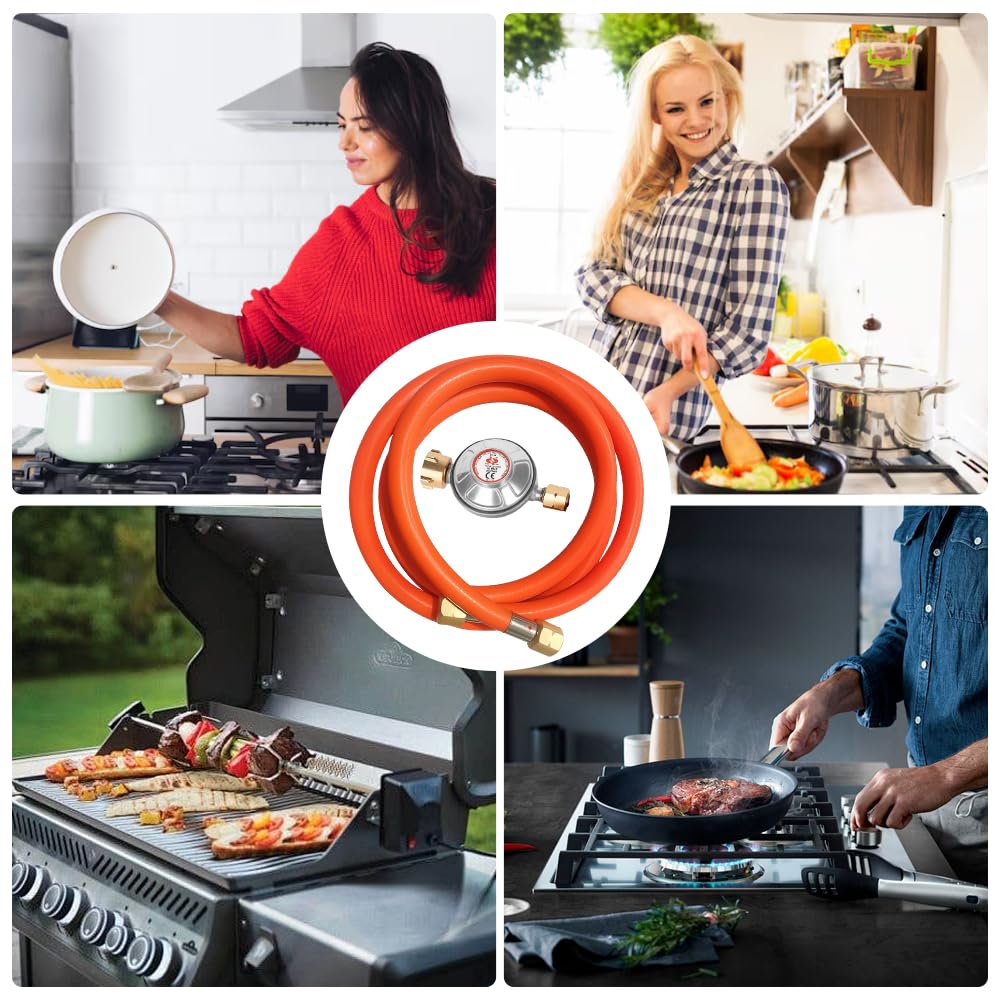 Tubo del gas con riduttore di pressione 50 mbar, tubo del gas 1/4, regolatore di pressione del gas con manometro e valvola di sicurezza e tubo flessibile del gas da 150 cm, ideale per barbecue