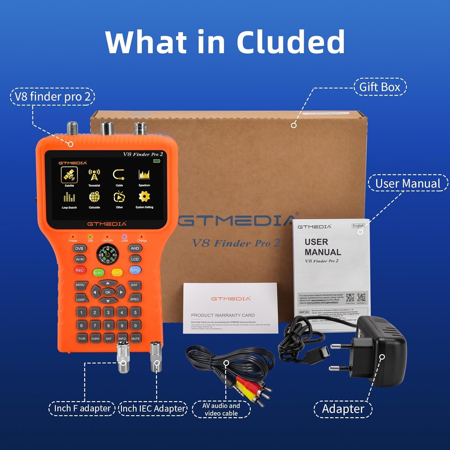GT MEIDA V8 Finder Pro Sat Finder Rilevatori di satellite TV satellitare Singal finder meter digitale DVB-S2X/S2/S/T2/T/C satelite Misuratore riconoscimento H.265 HD Con Display LCD Da 4.3"