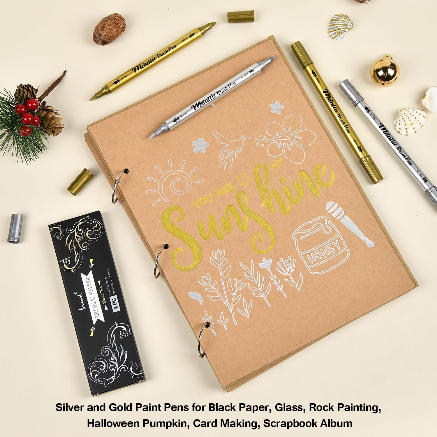 Brusarth Metallic Marker Pens, Silver and Gold Dual Tip Pens, 4 Pack image 4
