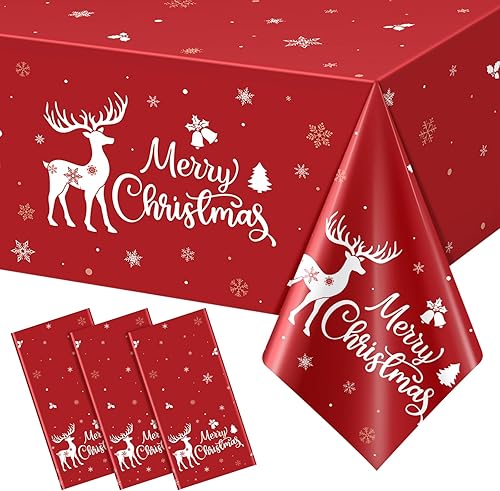 Miniatura 1 de 3 manteles de fiesta de Feliz Navidad, mantel rectangular desechable de plástico con diseño de ciervo de Navidad rojo para Navidad, vacaciones,
