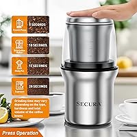 Vista 4 de Secura Molinillo de café eléctrico y molinillo de especias con 2 cuchillas de acero inoxidable cuencos extraíbles