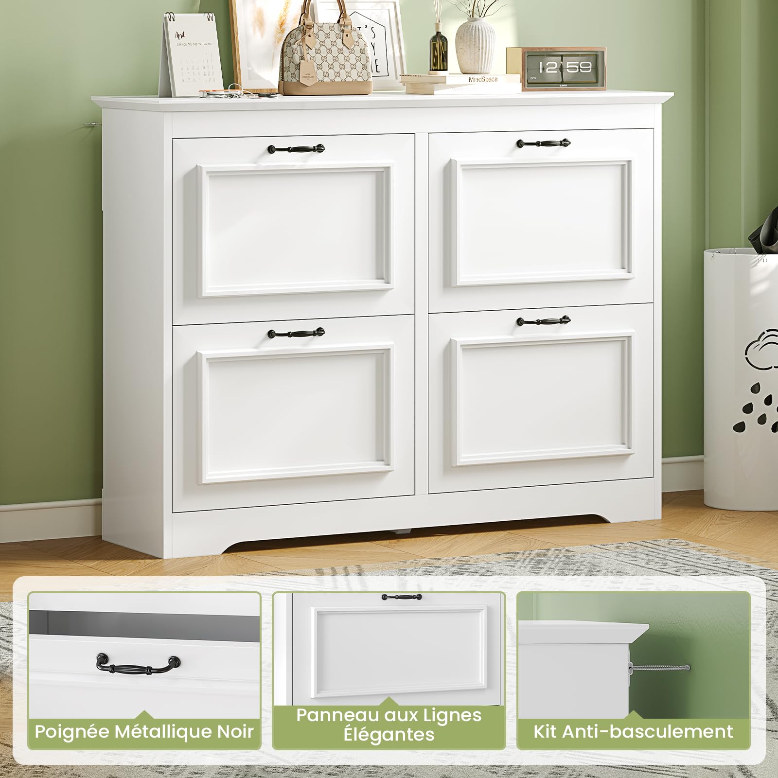 Brinlawb Meuble à Chaussures Entree, Armoire à Chaussures avec 4 Portes abattantes,Séparateur Réglable, Peut contenir 18 à 24 paires de chaussures Pour entrée, couloir, séjour, chambre,4 tiroirs Blanc