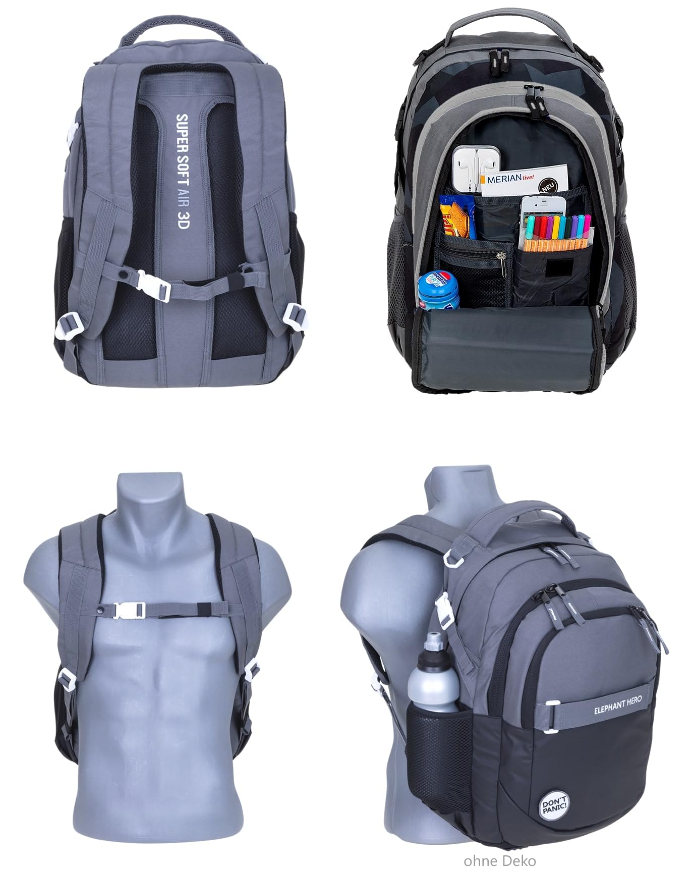 Elephant Schulrucksack 4 Teile Set Hero Rucksack 13047 CB Schwarz rtmf | Signature Jungen Mädchen Schultasche mit Sportbeutel Turnbeutel Mäppchen Flasche Anthrazit