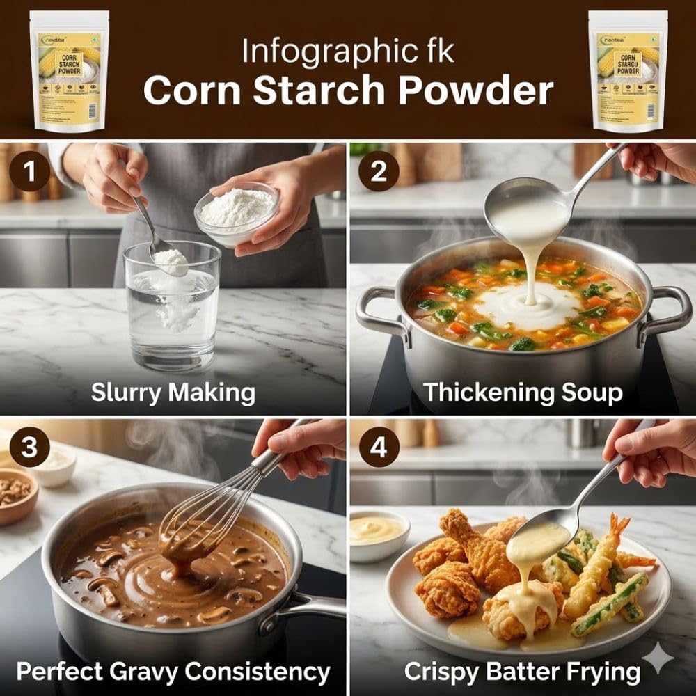 Neotea Corn Starch Powder | Fine Texture Thickening Agent for Cooking & Baking | Ideal for Sauces, Gravies, Soups, Desserts & Snacks | Multipurpose Kitchen Ingredient | 100% Pure Corn Starch 500 GM 3