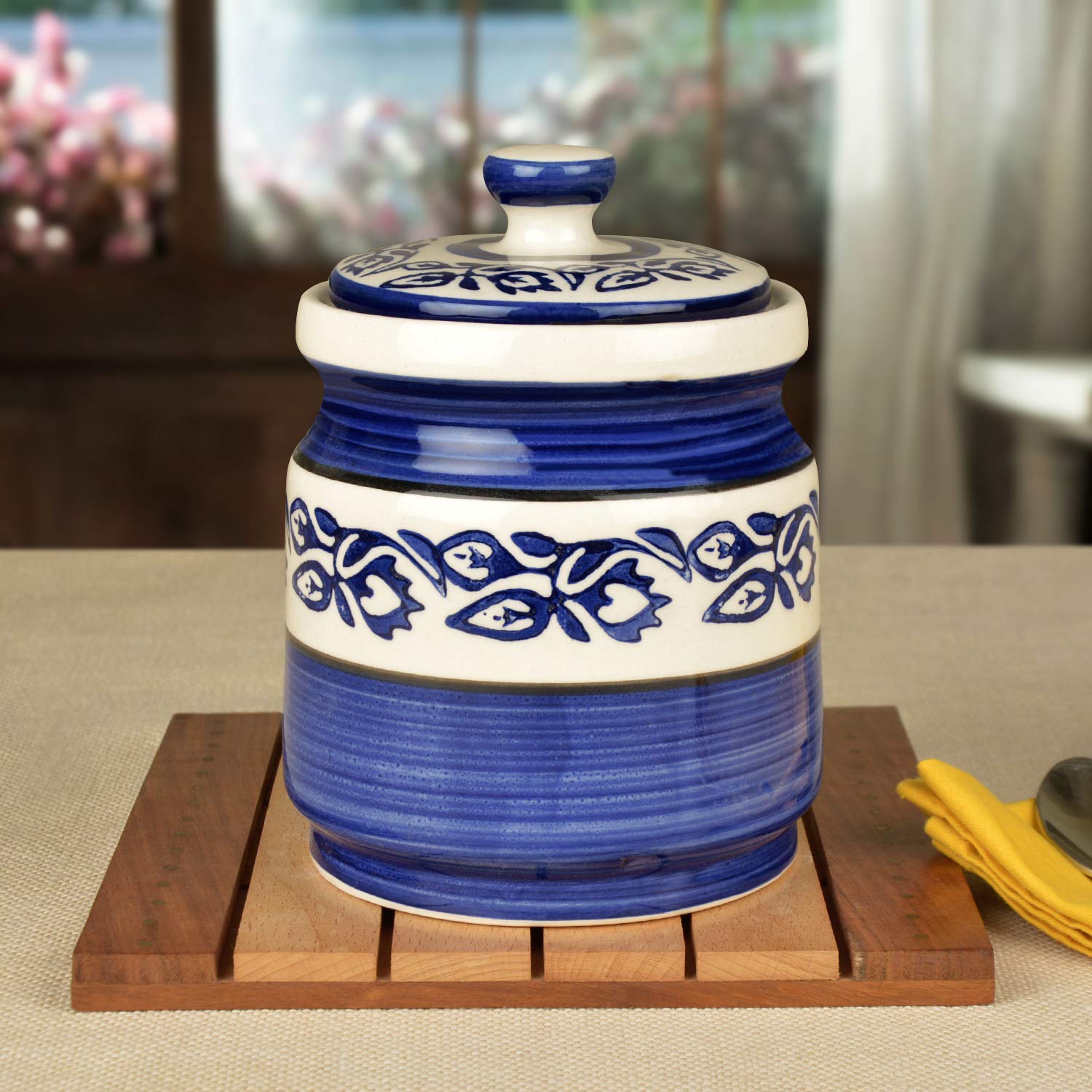 StyleMyWay Handpainted Ceramic Round Jar (Burni) with Lid (1200 ml, Blue) | Ceramic Multi-Utility Storage Jar | Pickle Storage Jar