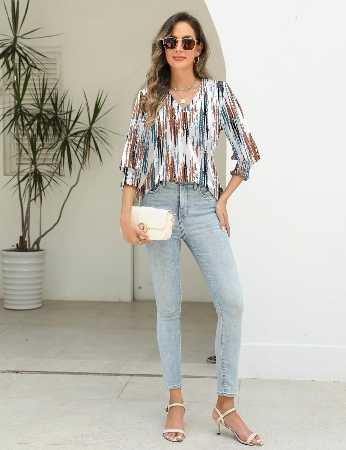 AKEWEI 3/4 Length Sleeve Womens Tops Summer Fashion V Neck Business Casual Blouses Smocked Shirts - Image 4