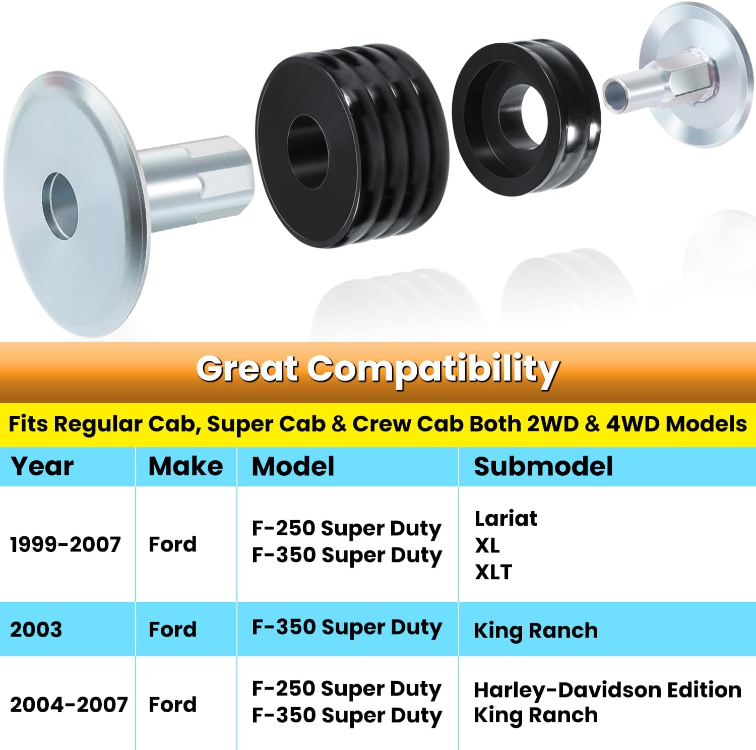 KF04058BK Body Mount Bushing Kit for Ford F250 F350 Super Duty 1999-2007 2WD 4WD XL XLT Lariat King Ranch Harley-Davidson Edition Polyurethane Body Cab Mounts & Steel Sleeves & Hardware (Black)