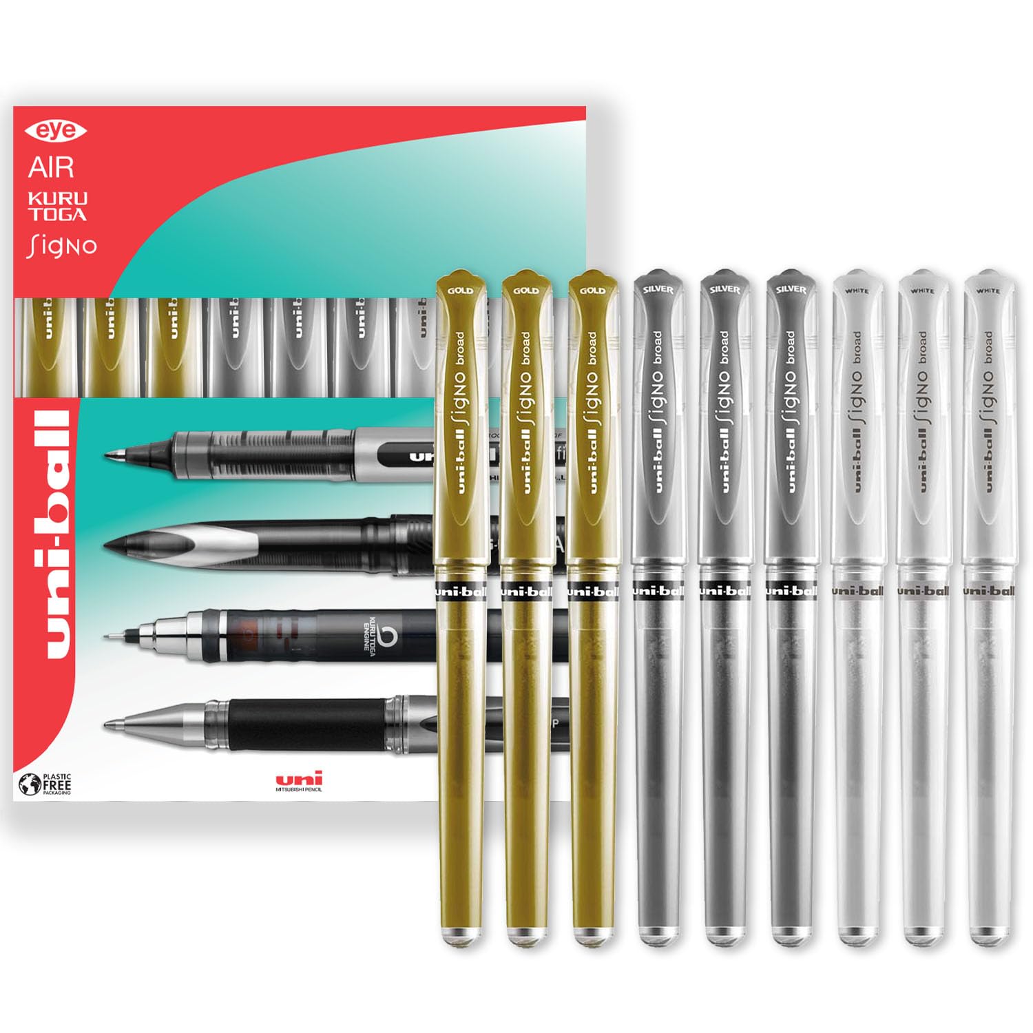 Sponsored Ad – Signo Pen - UM-153 Broad Metallic Gel Ink Rollerball - Metal 1.0mm Tip Nib - Rubber Grip - In Gift Box (Pack of 9, Multicolor)