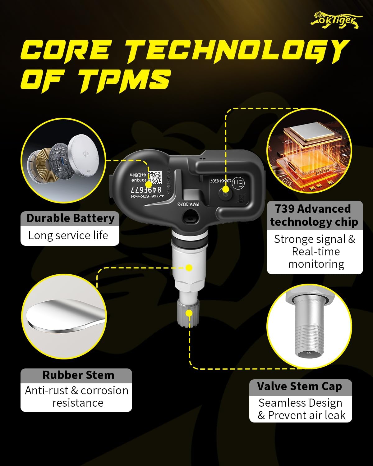 Oktiger 315MHz TPMS Sensor Pre-Programmed Fit for Acura 2007-2013 MDX, 2007-2012 RDX, 2007-2014 TSX, for Honda Pilot, Tire Pressure Monitoring Sensor 4PCS OE#42753-STK-A04