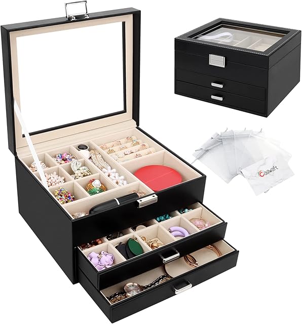 Jewellery Box Organizer with Glass lid & Drawer, 3 Layers PU Leather Jewelry Storage Case, Large Jewellery Box for Rings Bracelets Earrings Necklaces, Black