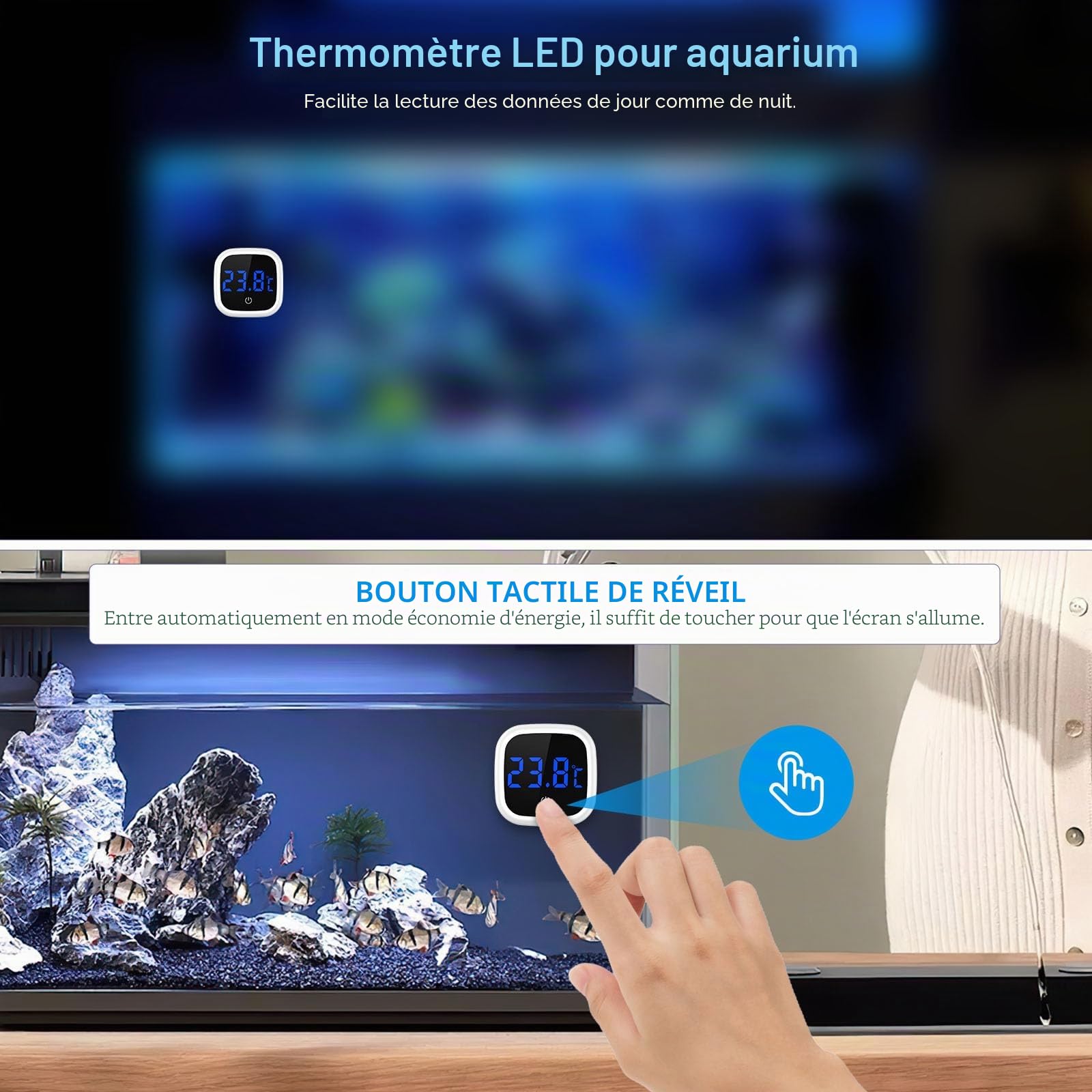 Brifit Thermomètre Aquarium Numérique, Mini Thermometre d'aquarium avec Ecran Tactile, Affichage LED, Thermometre Eau sans Fil pour Marine, Eau Doucee, Aquarium
