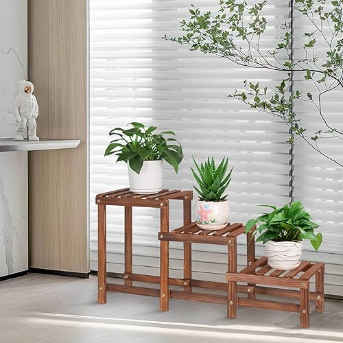 Miniatura 5 de Jotboom Soporte para plantas de 3 niveles de madera para plantas de interior, estante de múltiples flores, estantes de flores altos y bajos, soporte