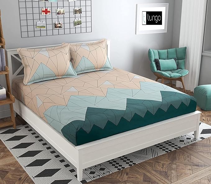 t tungol Cotton Feel Glace Cotton Elastic Fitted Printed Queen Size Double Bed Bedsheet with 2 Pillow Cover (72