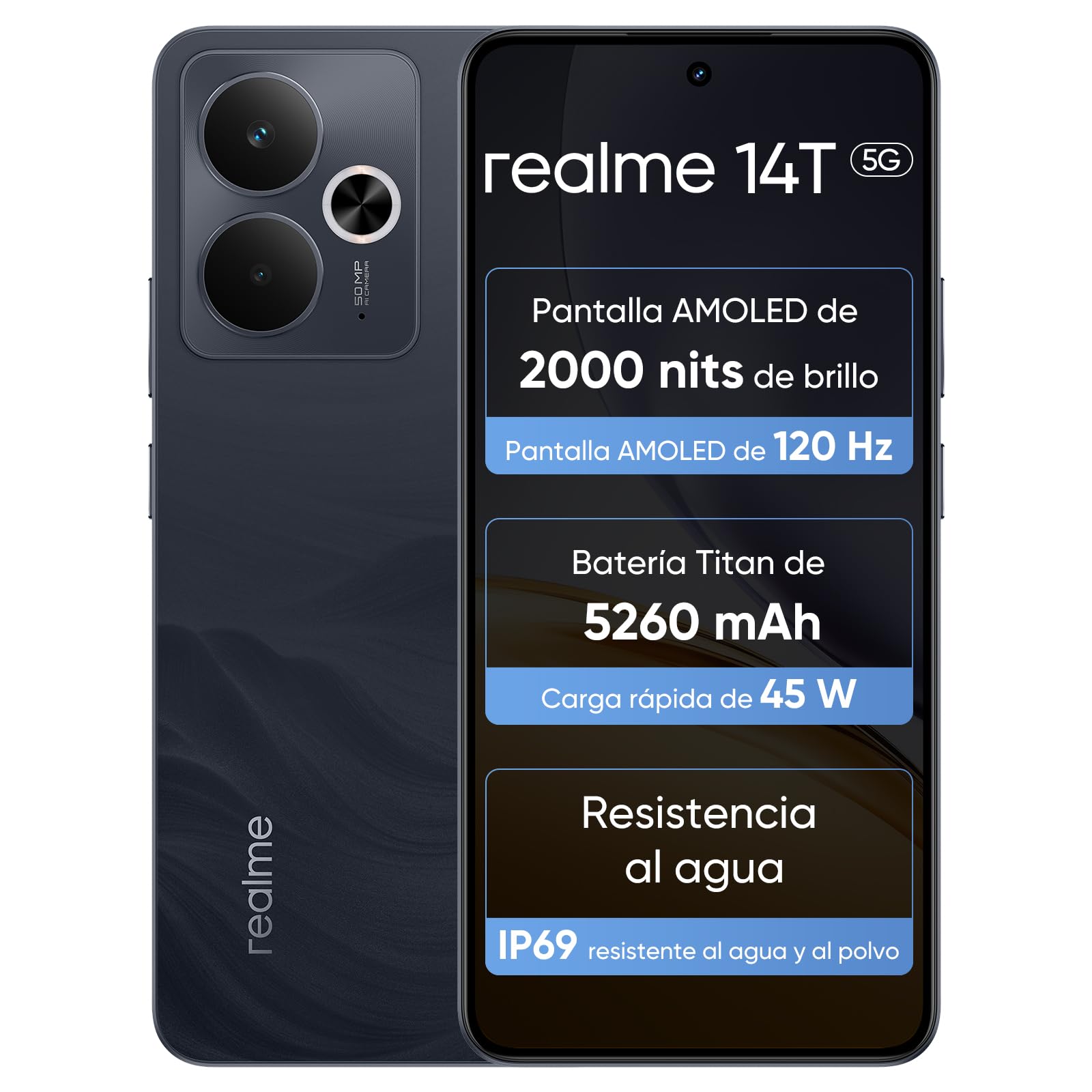 realme 14T 5G Smartphone de 8GB+256GB, procesador Dimensity 6300, Pantalla AMOLED para Esports de 6,67" y 120Hz, batería de 5260mAh, Resistencia al Agua IP69, Next Ai, Obsidiana Negra (sin Adaptador)