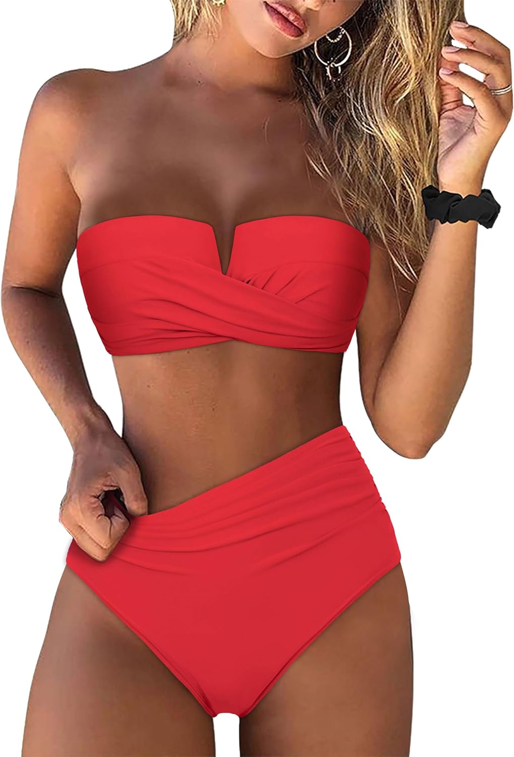 Hilor Bandeau Two Piece Bathing Suits for Women with Strap Retro High Waisted Swimsuits Sexy Push Up Bikini Swimwear - Image 4