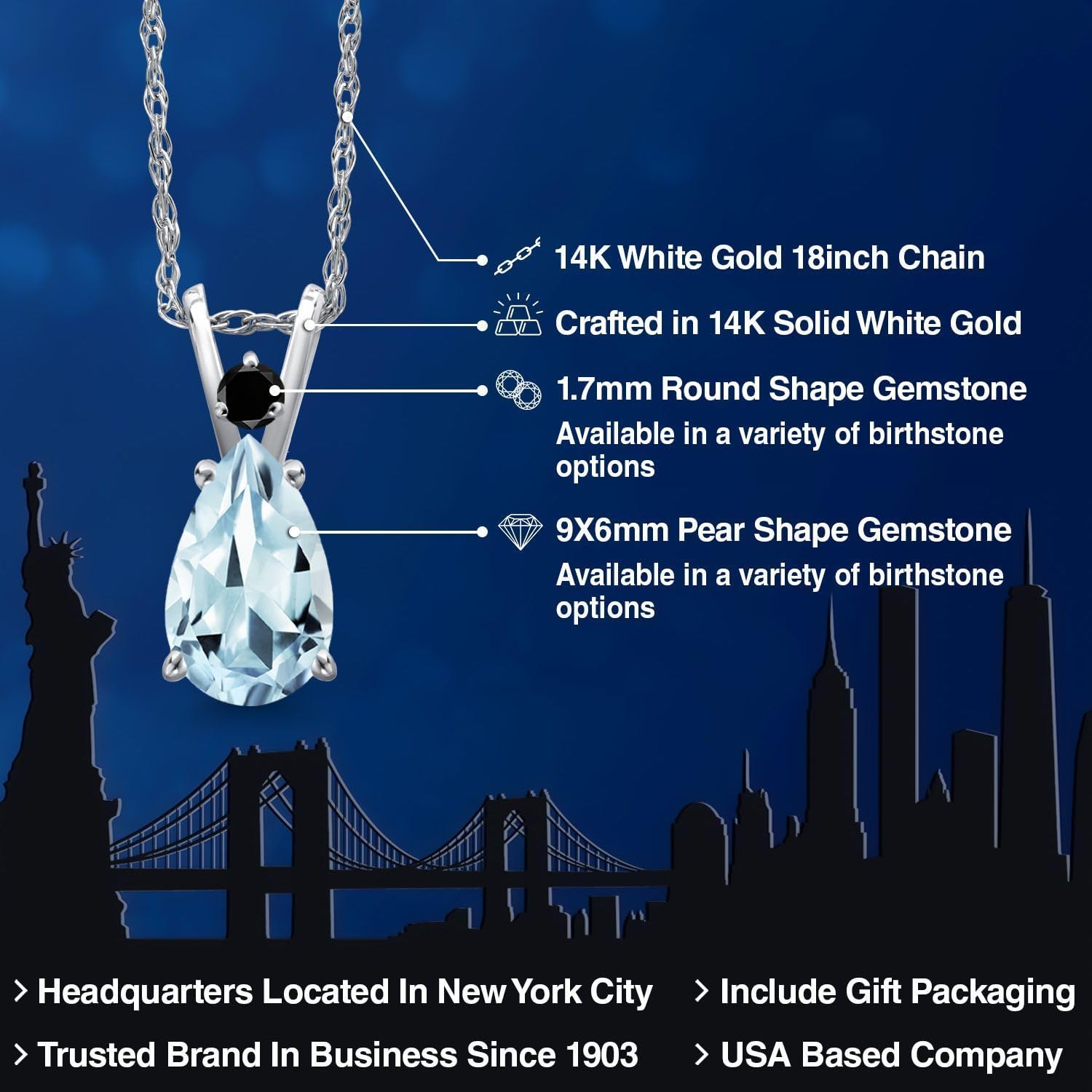 Gem Stone King 14K White Gold Sky Blue Aquamarine and Black Diamond Pendant Necklace for Women | 1.18 Cttw | Gemstone March Birthstone | Pear Shape 9X6MM | With 18 Inch Chain - Image 2