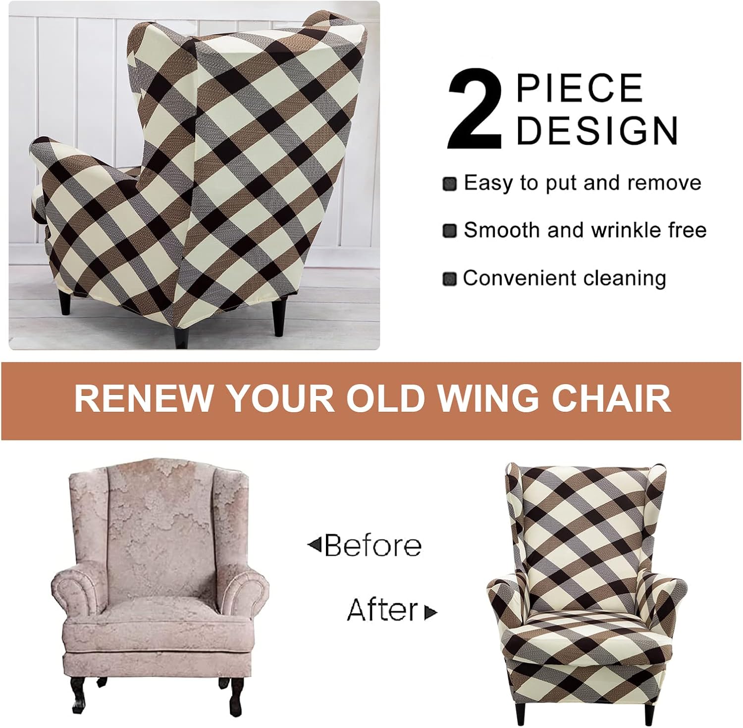 Wingback Chair Slipcover 2 Piece Spandex Sofa Slipcover Wingback Armchair Covers with Elastic Bottom for Living Room Wingback Chair
