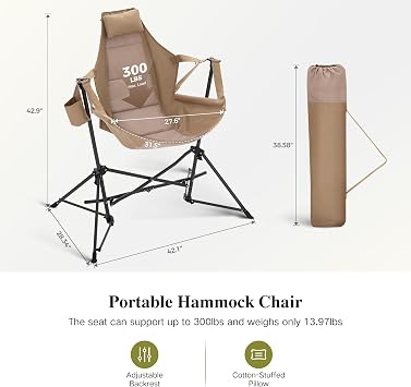 HIGH POINT SPORTS Hammock Camping Chair, Adjustable Back Swinging Chair, Folding Outdoor Rocking Chair, Heavy Duty Portable Camp Chair with Cup Holder and High Back for Adults, Beige