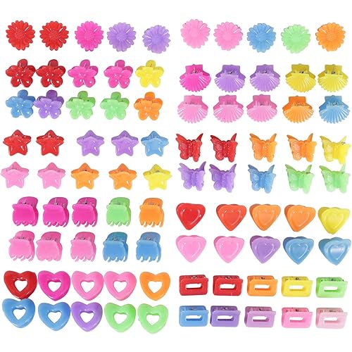 Lawie Paquete de 90 pinzas pequeñas de plástico para el cabello, diseño de flores, arcoíris, estrella, corazón, mariposa, pinzas de agarre para