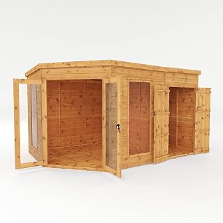 Waltons 12 x 8 Corner Summerhouse and Side Shed | Flat Roof | Shiplap Tongue and Groove | Wooden Garden Room Summerhouse with Side Storage Shed | 10 Year Anti Rot Guarantee | 12 x 8 12ft 8ft