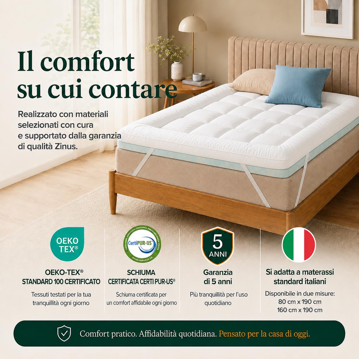Zinus Mattress Topper, poliéster, Blanco, 190 x 80 cm