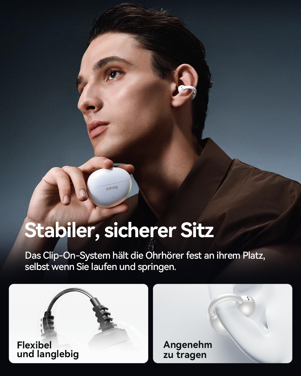 SANAG S7SUltra Open Ear Kopfhörer, Clip On Earbuds Kabellos Dyna HiFi, Bluetooth 6.0, 40H Spielzeit, IP67 Wasserdicht, 4g, ENC Geräuschunterdrückung für Anrufe, Sicherer Halt für Laufen, Radfahren