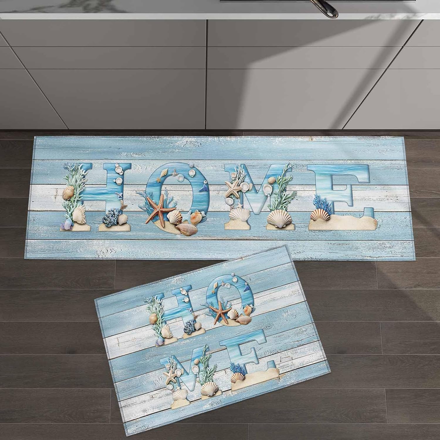 2 Pieces Kitchen Rugs and Mats,Summer Blue Ocean Wood Board Area Runner Rug Set Non Slip Floor Doormat Washable Carpet Standing Mat for Kitchen Sink Indoor Corridor,Marine Life Starfish Shell