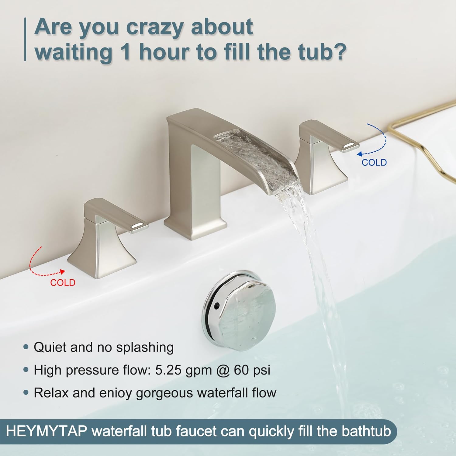 Waterfall Tub Faucet Brushed Nickel Bathtub Faucet 3 Hole, Brass High Pressure Bath Tub Faucet Set Deck Mount Roman Tub Faucets, Modern Tub Filler Bath Faucet for Tub with 2 Handles No Leaks