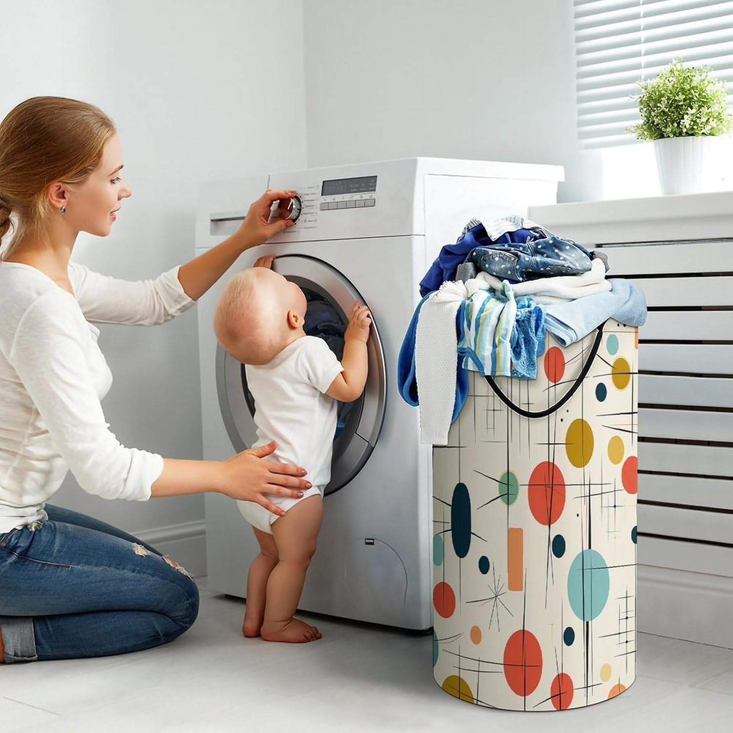 Large Laundry Hamper with Handles Modern Mid Century Laundry Basket Freestanding Waterproof Clothes Hamper for Living Room Bedroom Bathroom College Dorm